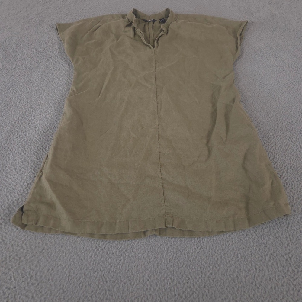 Lands End Top Womens M Petite Green Tunic 100% Linen Split Neck Cap Sleeve